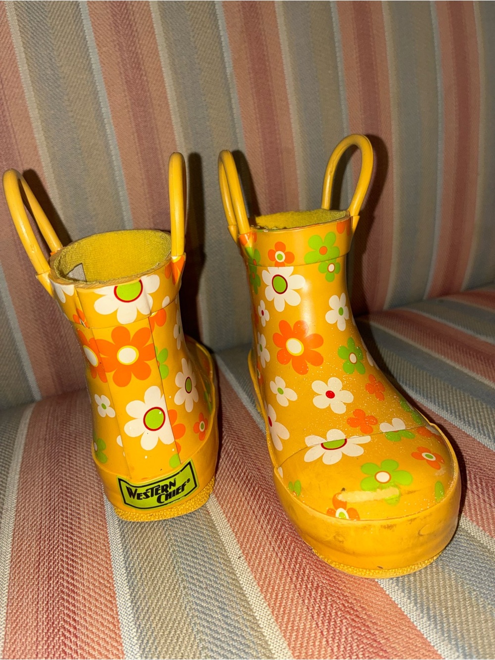 Clean -Western Chief Yellow Floral Kids Rain Boots with Pull Handles